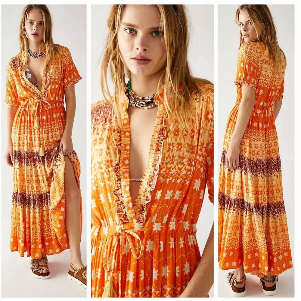 Free People Rare feelings floral maxi Dress Sz XS WORN ONCE orange floral